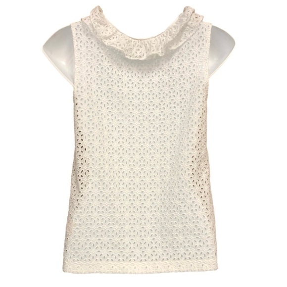 KATE Spade white all cotton eyelet sleeveless ruffle neck top Size 0 - Picture 3 of 9